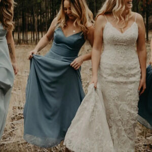 David's Bridal Steele Blue Spaghetti Strap Satin Top Chiffon Bridesmaid Dress 2